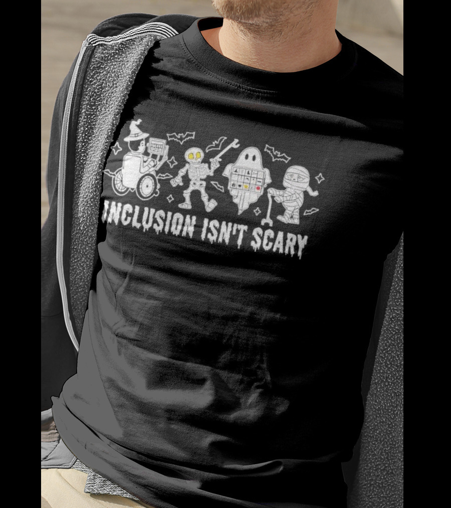 Inclusion Isn’t Scary Halloween Costumes Featuring Wizard Ghost Robot Characters T-Shirt