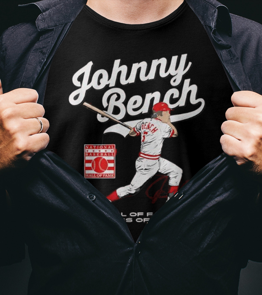 Johnny Bench National Baseball Hall Of Fame Class Of 1989 Signature T-Shirt