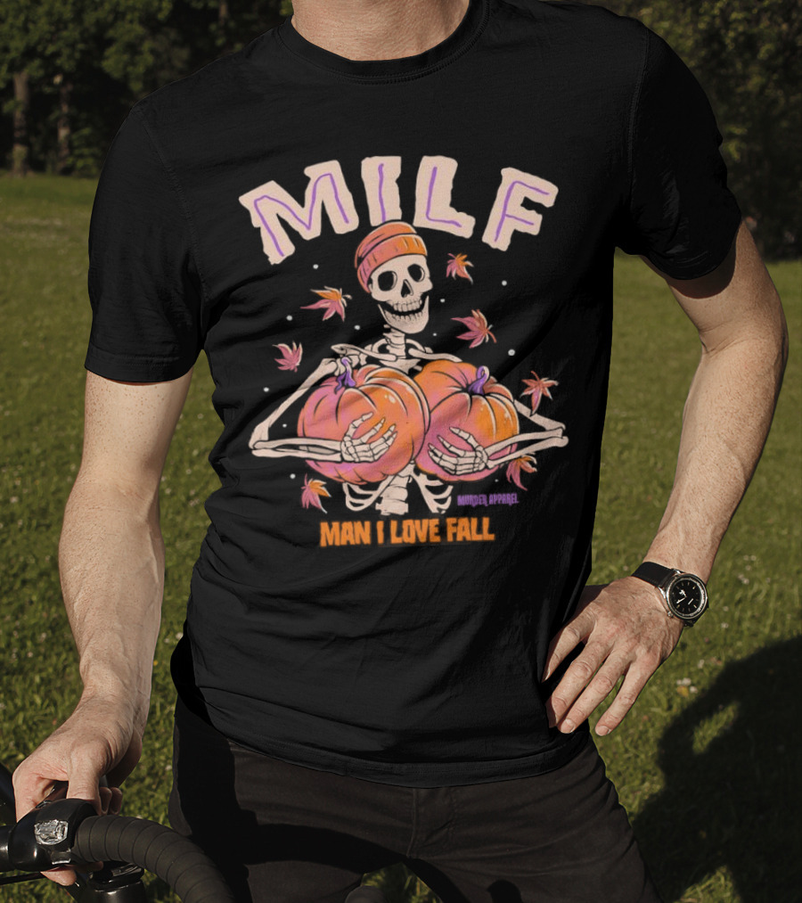 MILF Skeleton Man I Love Fall Pumpkins Leaves Vintage Halloween T-Shirt