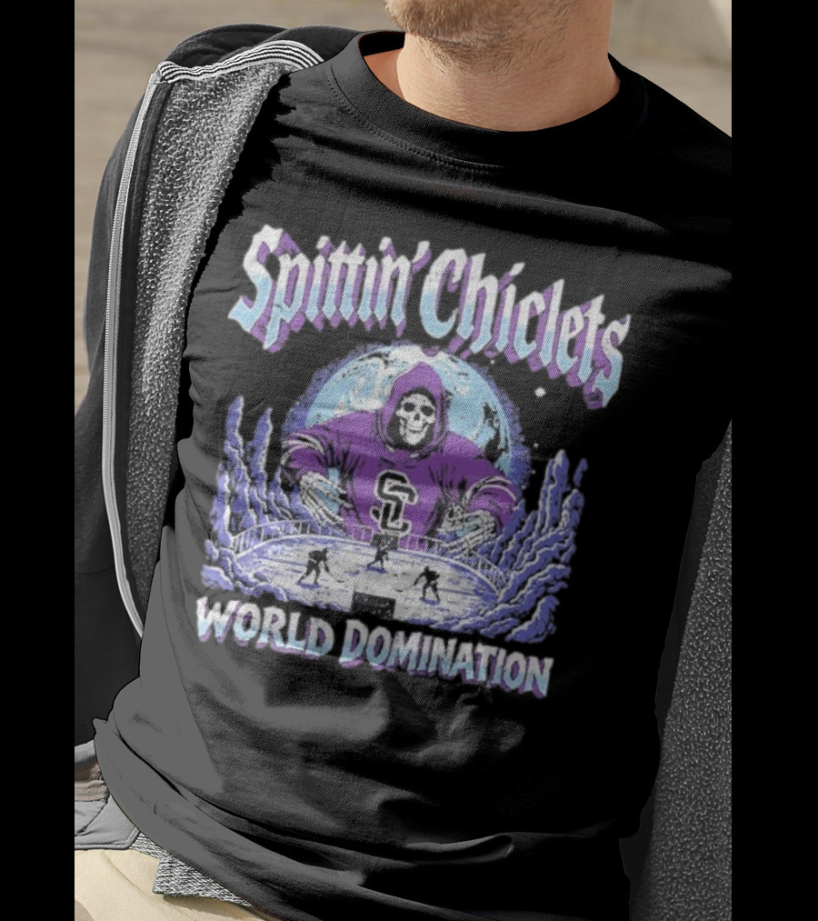 Spittin Chiclets Grim Reaper Hockey World Domination Moon T-Shirt