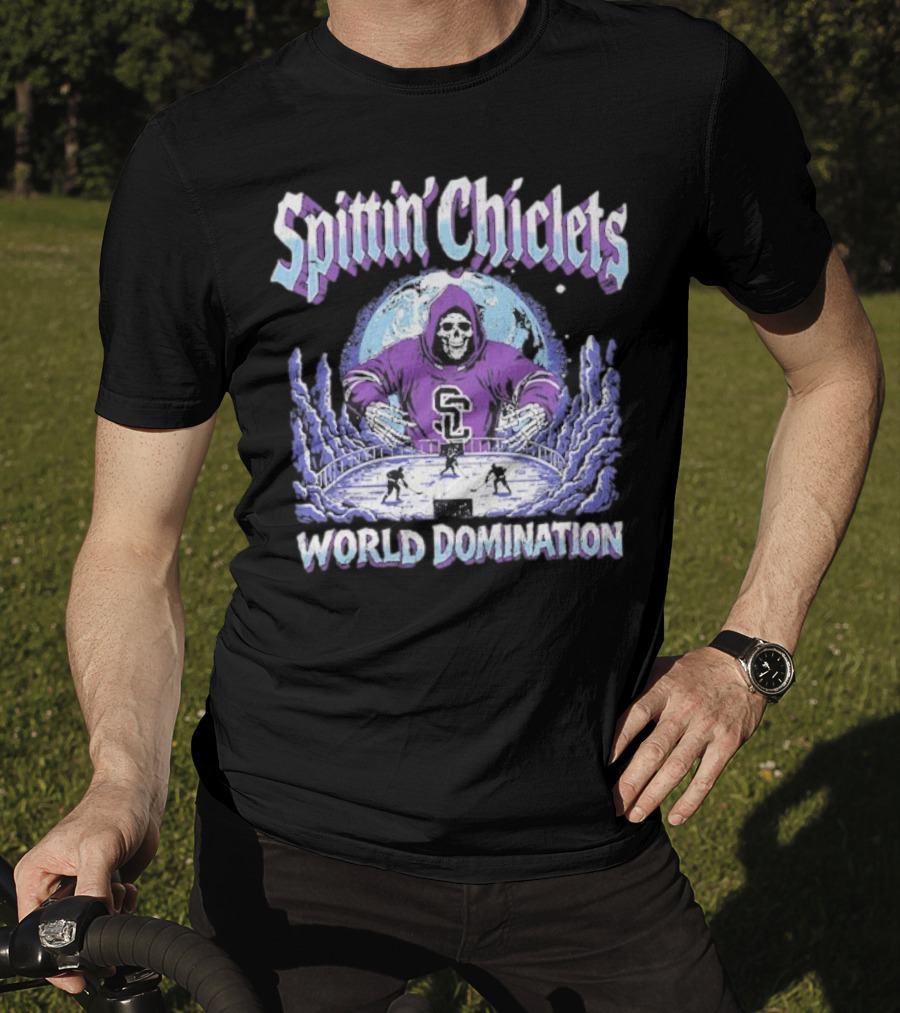 Spittin Chiclets Grim Reaper Hockey World Domination Moon T-Shirt