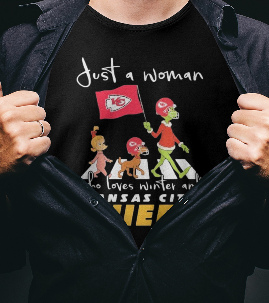 Just A Woman Who Loves Winter And Kansas City Chiefs Abbey Road T-Shirt