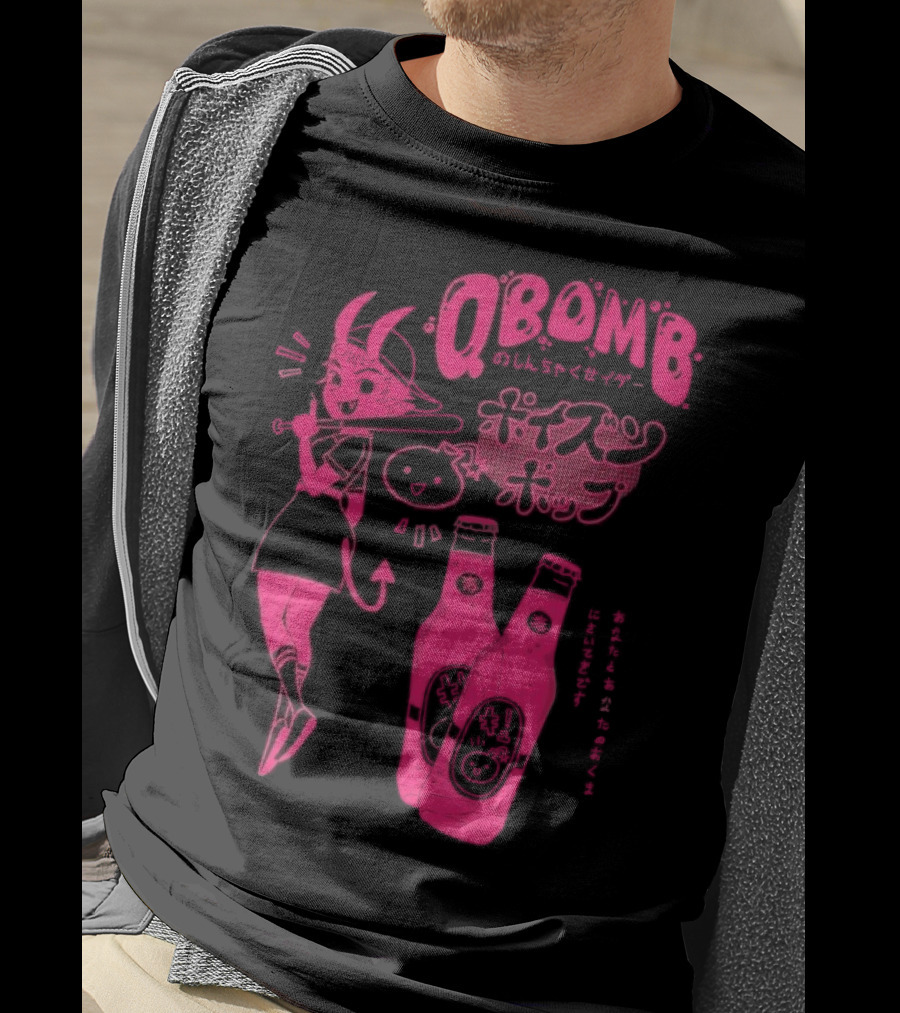 Qbomb Poison Pop Anime Demon Girl Japanese Text Retro Soda Bottles T-Shirt