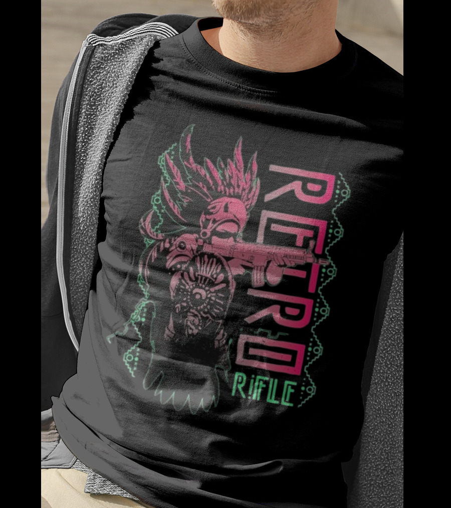 Retro Rifle Aztec Warrior Art Green Pink Feather Pattern T-Shirt