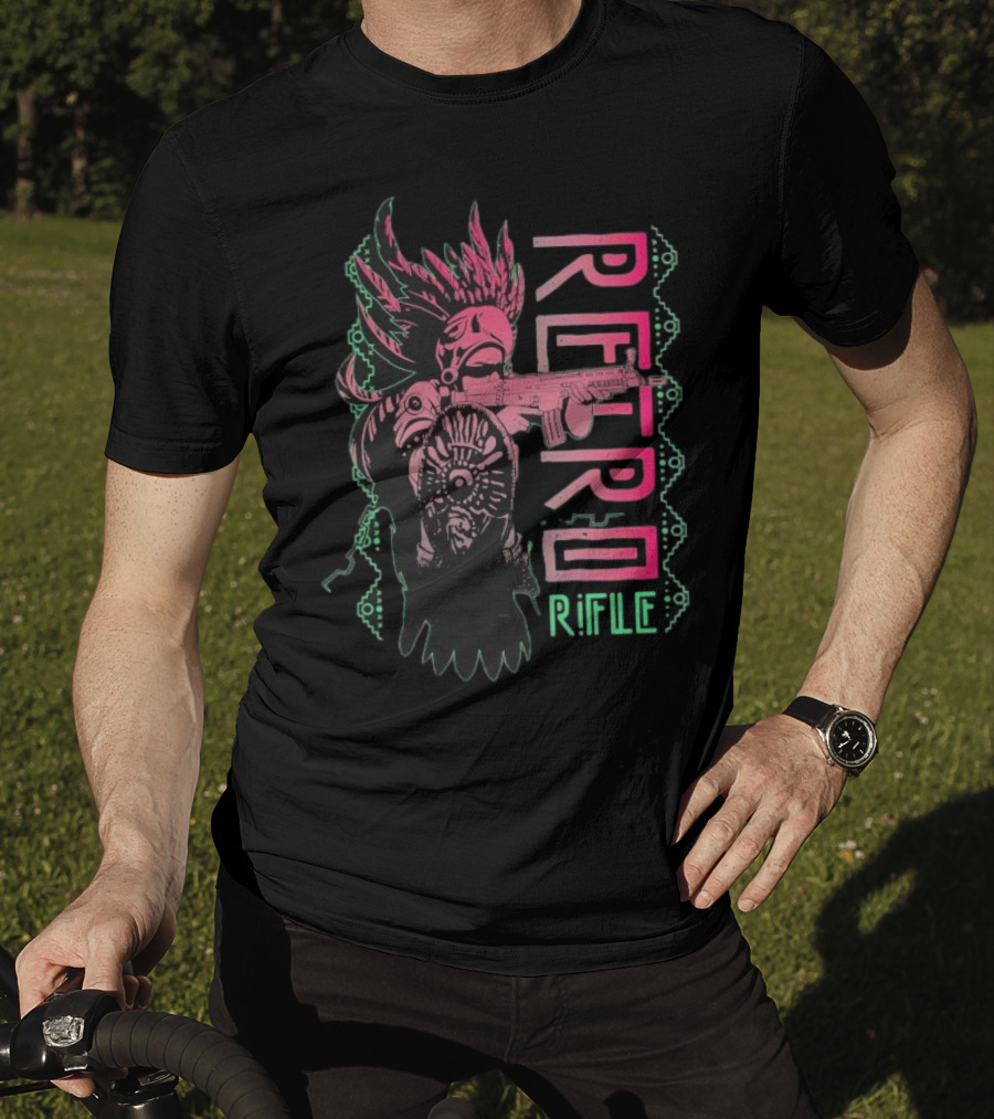 Retro Rifle Aztec Warrior Art Green Pink Feather Pattern T-Shirt