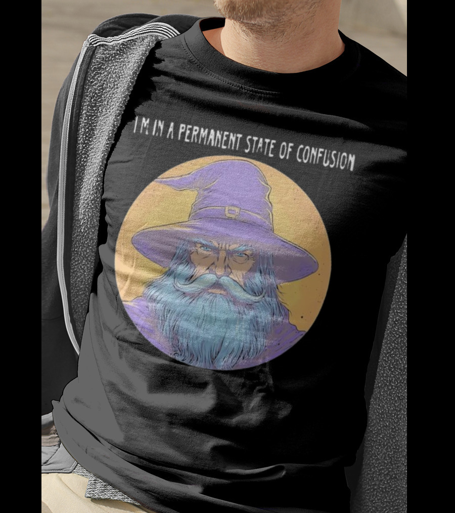 Wizard Magic I'm In A Permanent State Of Confusion Purple Hat Mystic Illustration T-Shirt