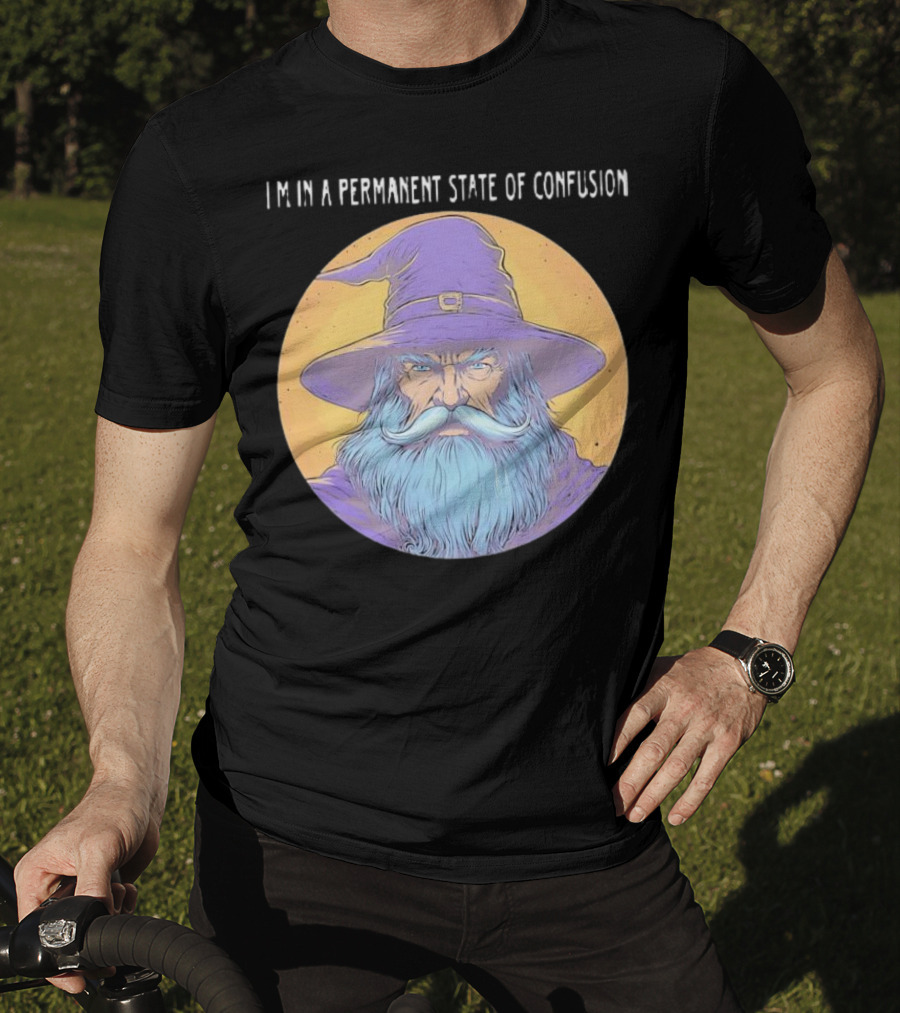 Wizard Magic I'm In A Permanent State Of Confusion Purple Hat Mystic Illustration T-Shirt
