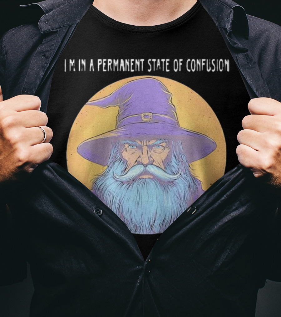 Wizard Magic I'm In A Permanent State Of Confusion Purple Hat Mystic Illustration T-Shirt