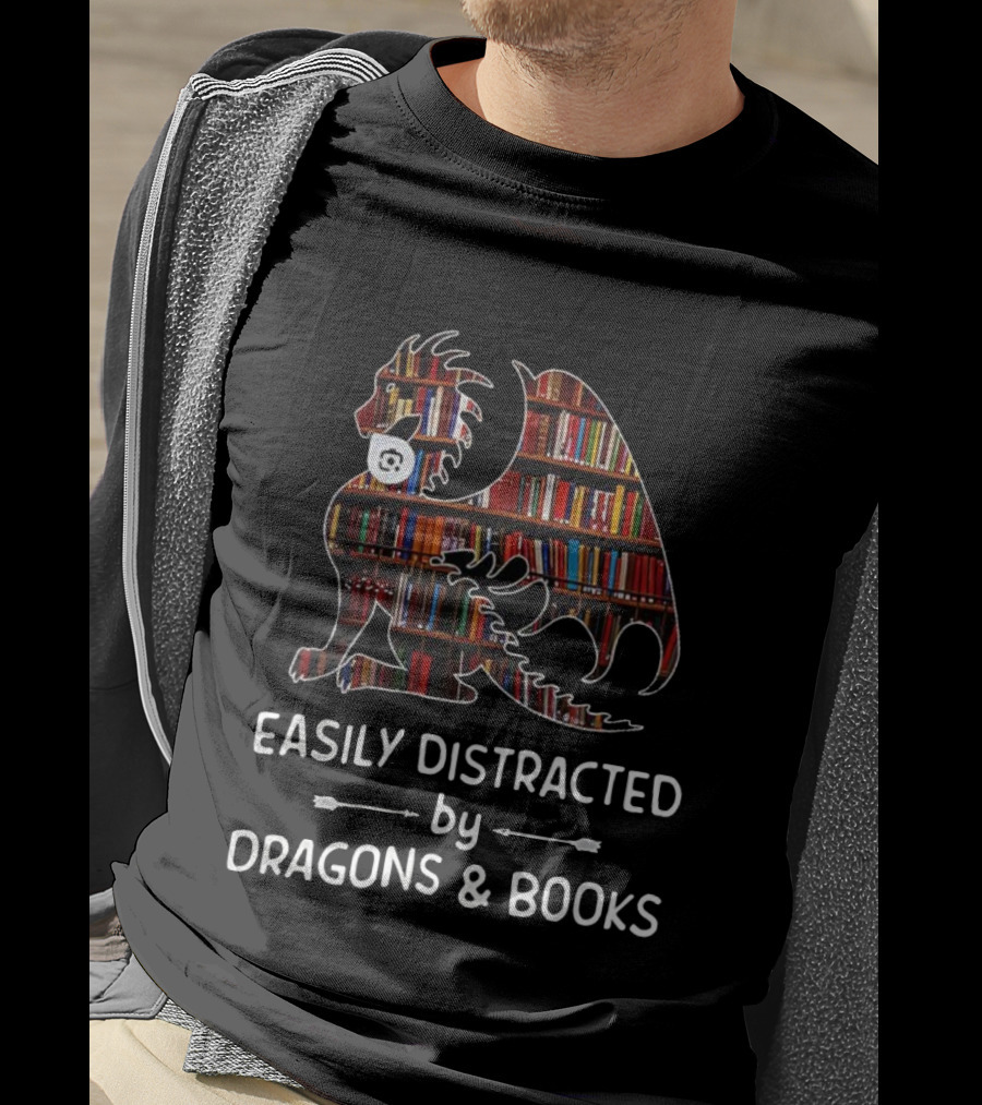 Easily Distracted By Dragons & Books Library Collage T-Shirt