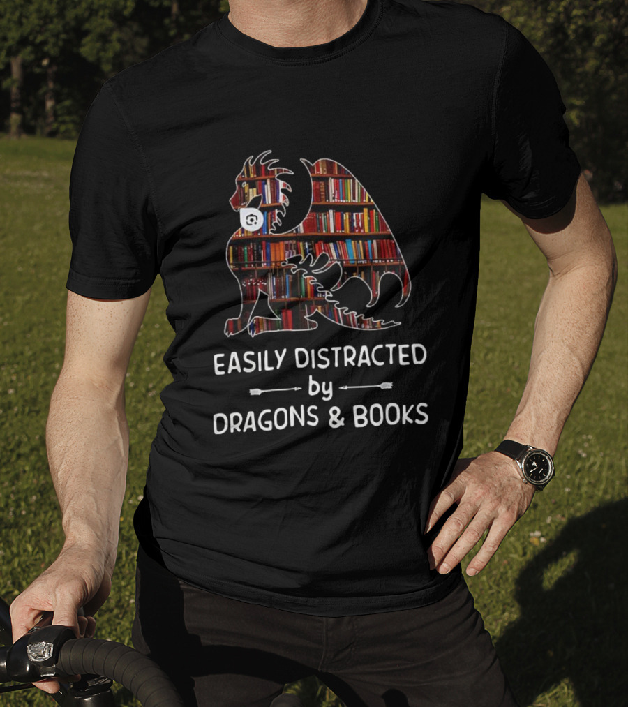 Easily Distracted By Dragons & Books Library Collage T-Shirt