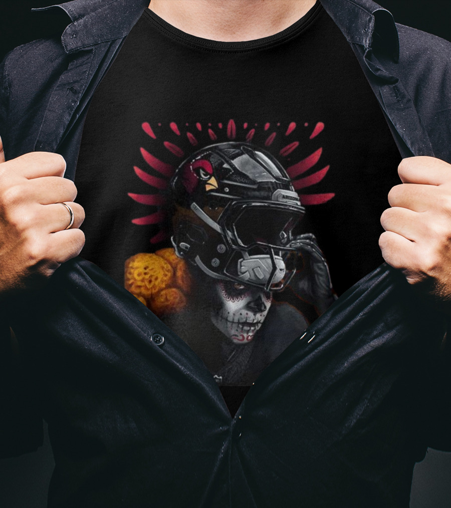 Arizona Cardinals Día De Muertos Football Helmet Skull Design T-Shirt
