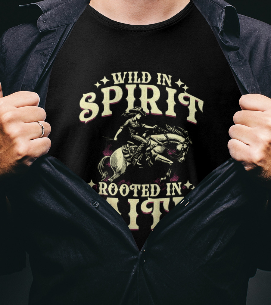 Cowgirl Wild In Spirit Rooted In Faith Equestrian Rider With Horse Western Theme T-Shirt