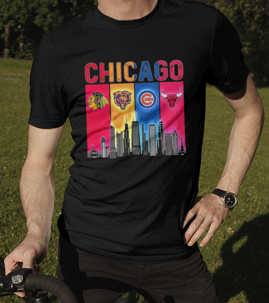 Chicago Blackhawks Bears Cubs Bulls Skyline T-Shirt