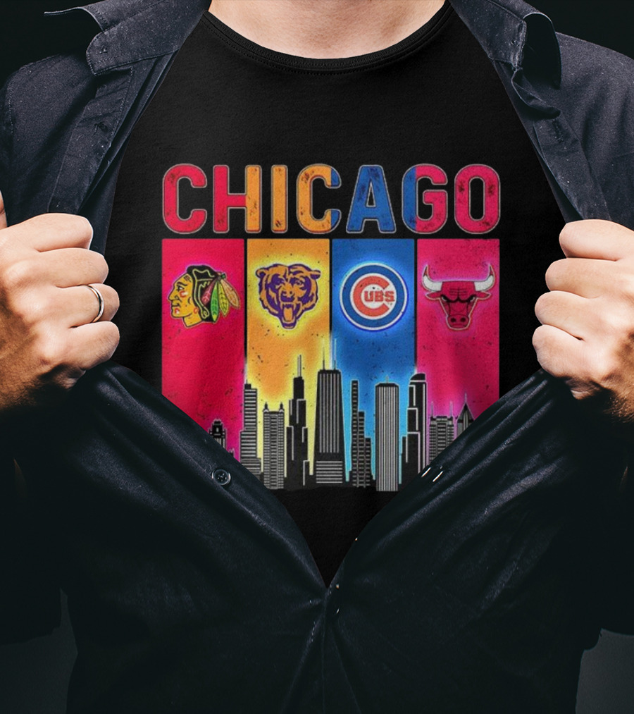 Chicago Blackhawks Bears Cubs Bulls Skyline T-Shirt