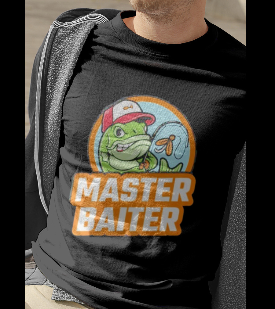 Master Baiter Fishing Cartoon Fish With Red Cap And Fishing Rod T-Shirt
