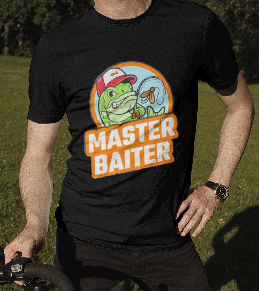 Master Baiter Fishing Cartoon Fish With Red Cap And Fishing Rod T-Shirt