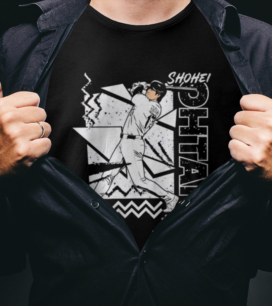 Shohei Ohtani 90s Style Retro Baseball Tribute With Vibrant Geometric Background T-Shirt
