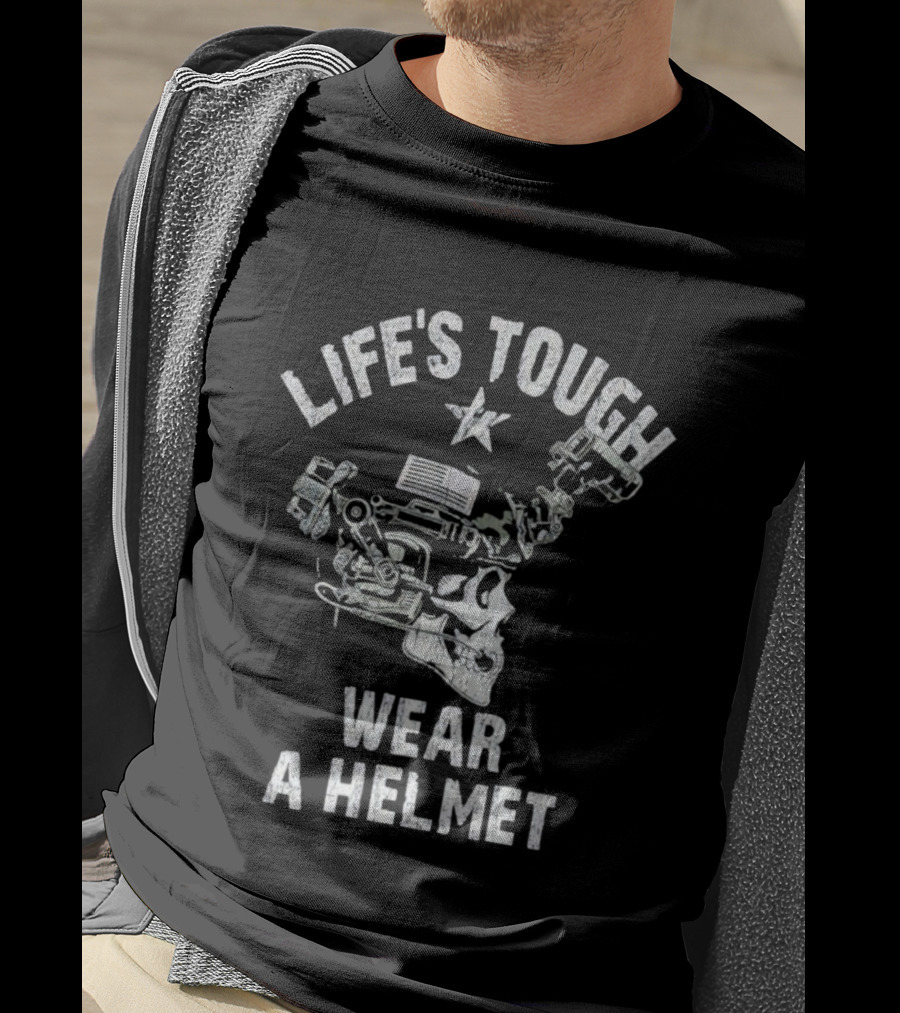 Life's Tough Wear A Helmet Skull Graphic With Mechanical Elements T-Shirt