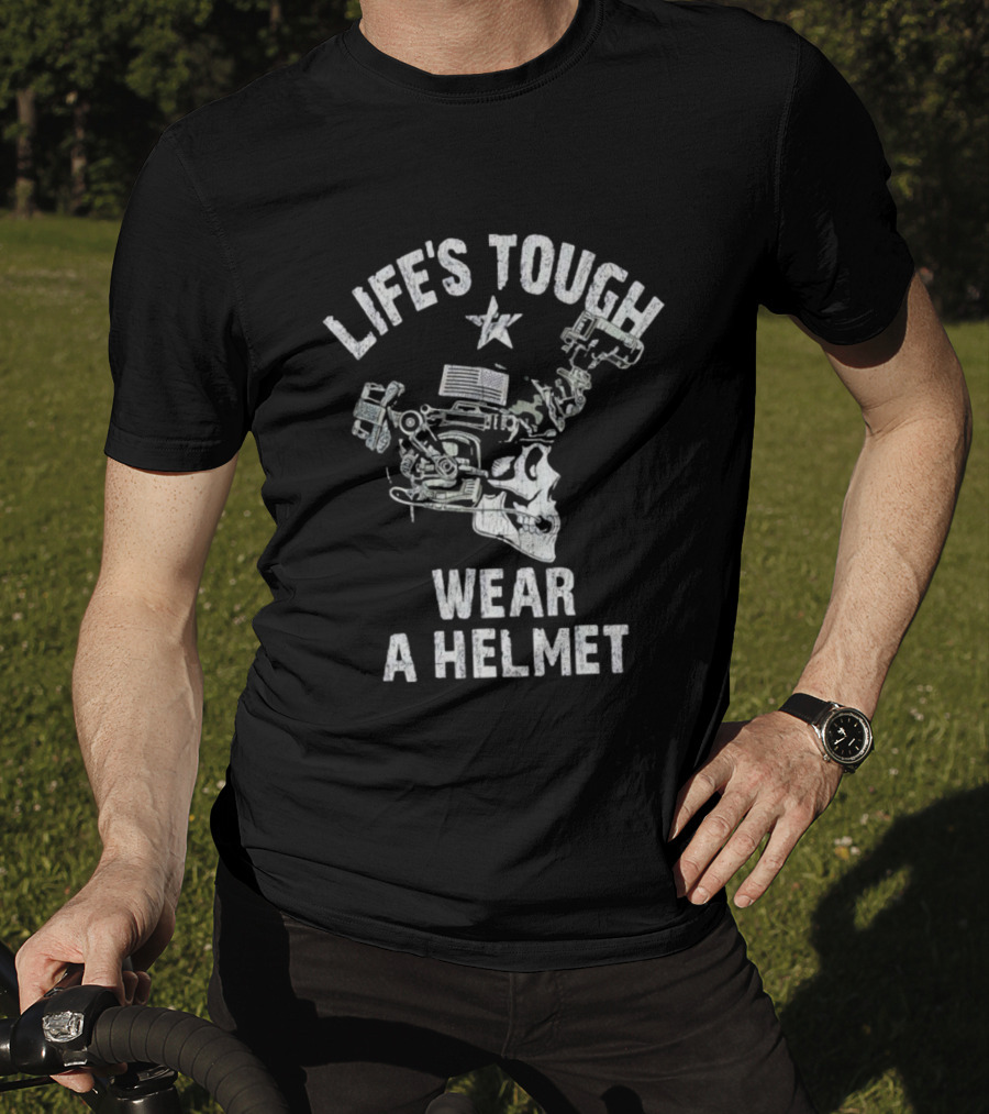 Life's Tough Wear A Helmet Skull Graphic With Mechanical Elements T-Shirt