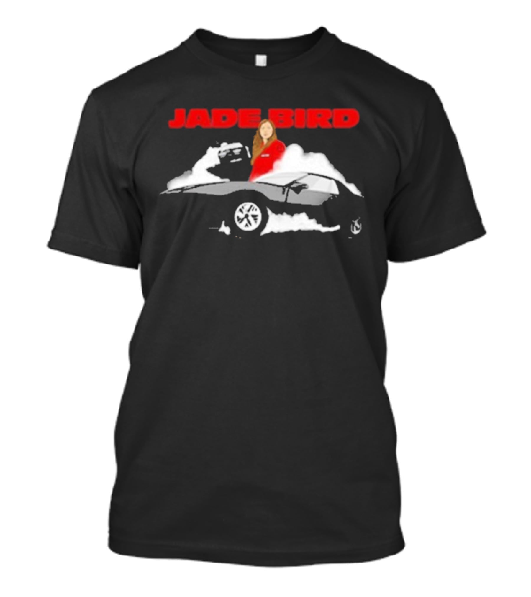 Jade Bird Red Attire Woman With Car And Clouds T-Shirt