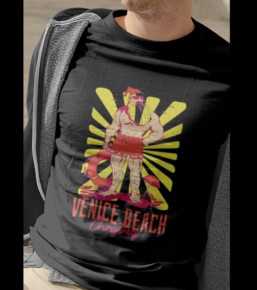 Venice Beach Christmas Lifeguard Santa Sunburst T-Shirt