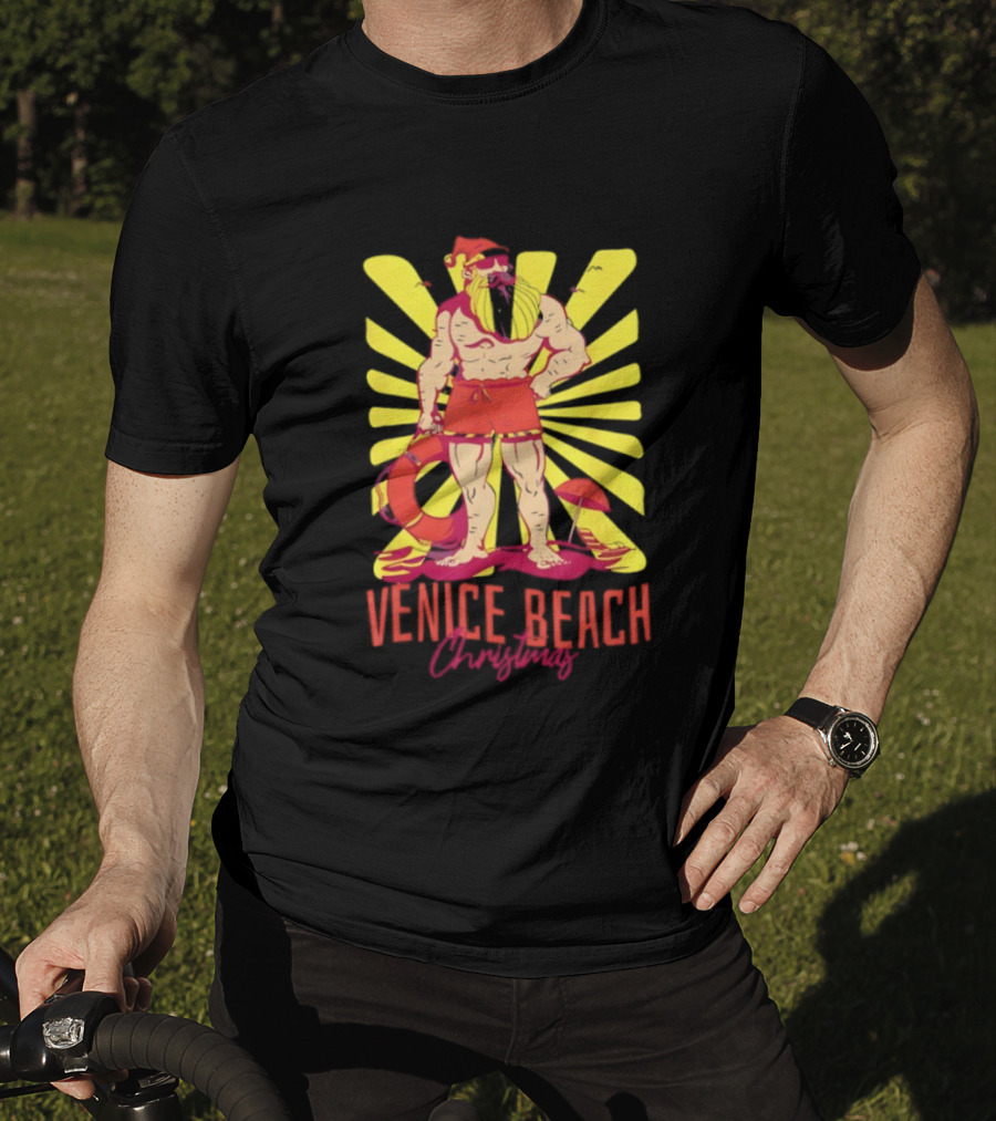 Venice Beach Christmas Lifeguard Santa Sunburst T-Shirt