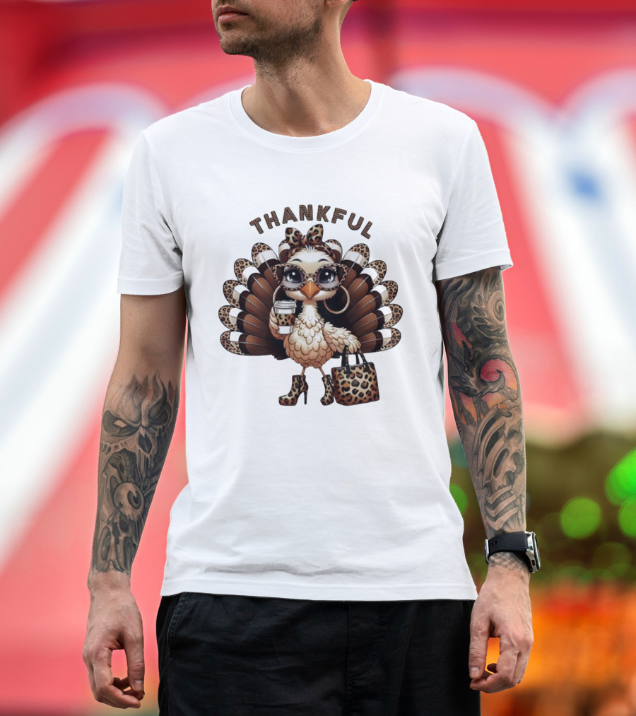 Thankful Leopard Print Turkey Coffee Lover Fashionista T-Shirt