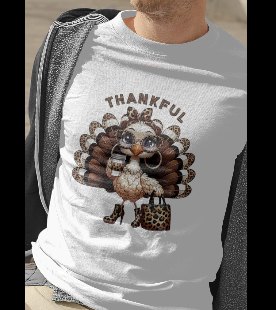 Thankful Leopard Print Turkey Coffee Lover Fashionista T-Shirt