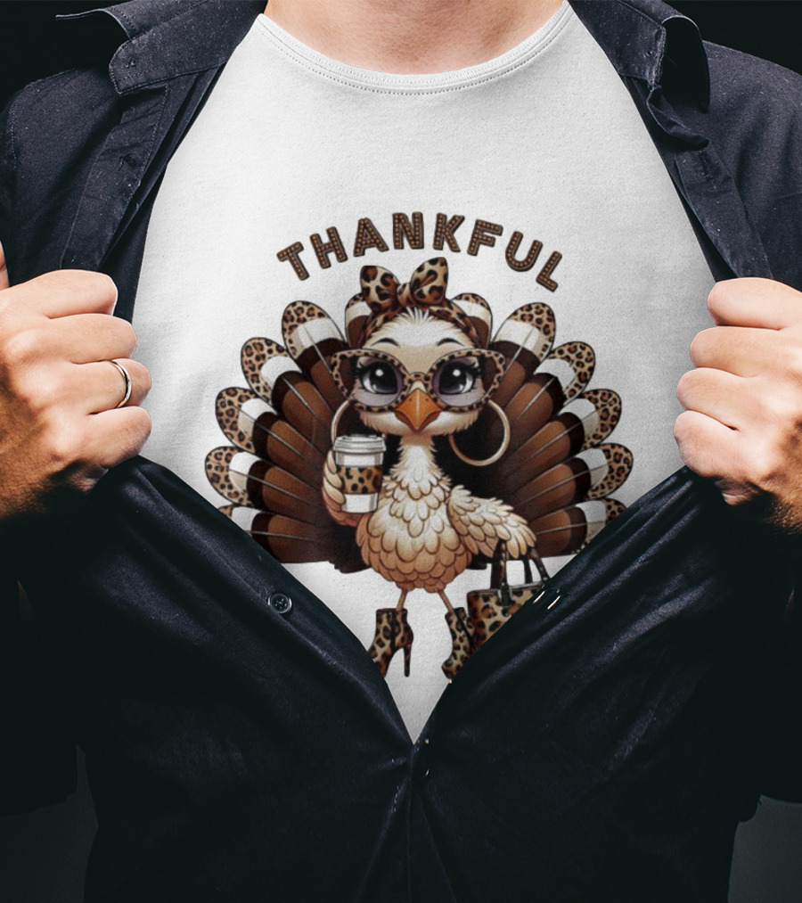 Thankful Leopard Print Turkey Coffee Lover Fashionista T-Shirt