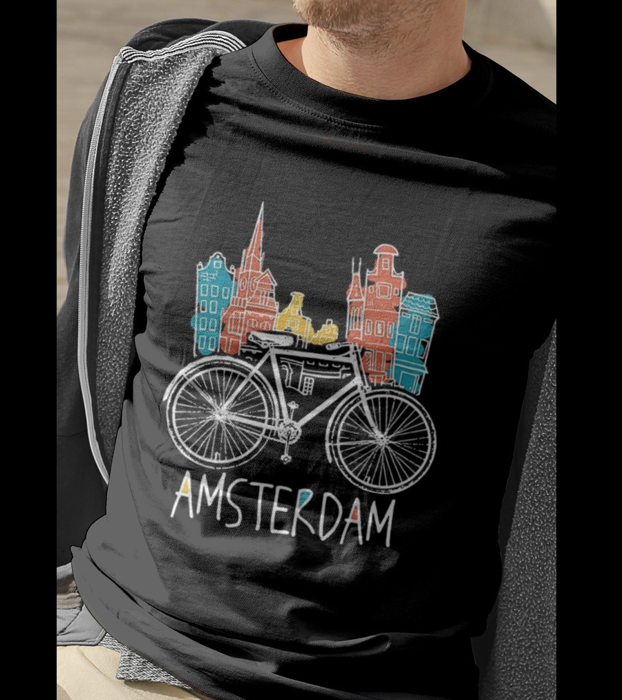 Amsterdam Bicycle Skyline Colorful Sketch Houses T-Shirt