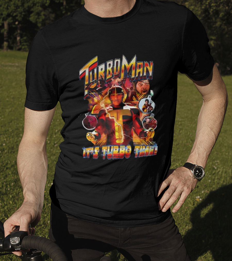 Turbo Man It's Turbo Time Christmas Bauble Lightning Hero Scene T-Shirt