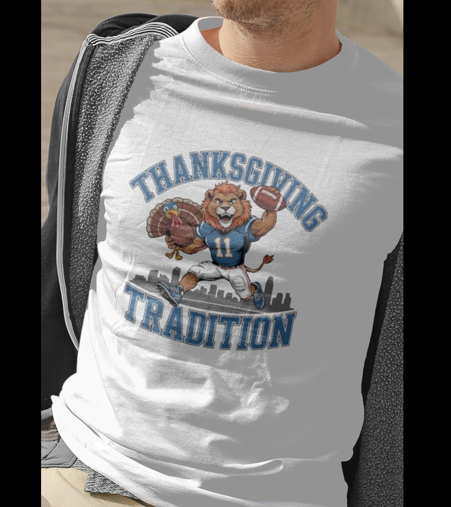 Thanksgiving Tradition Detroit Lions Football Mascot Number 11 Iconic Game Day Skyline T-Shirt
