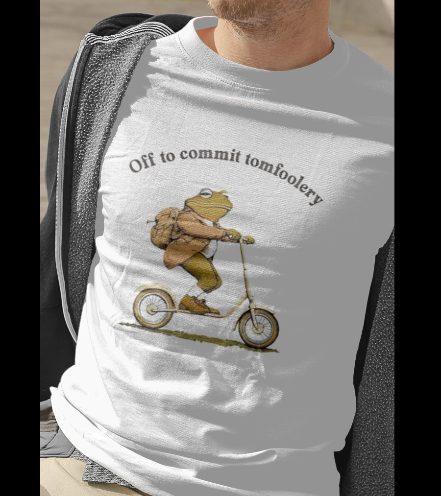 Off To Commit Tomfoolery Frog Riding Scooter With Backpack T-Shirt