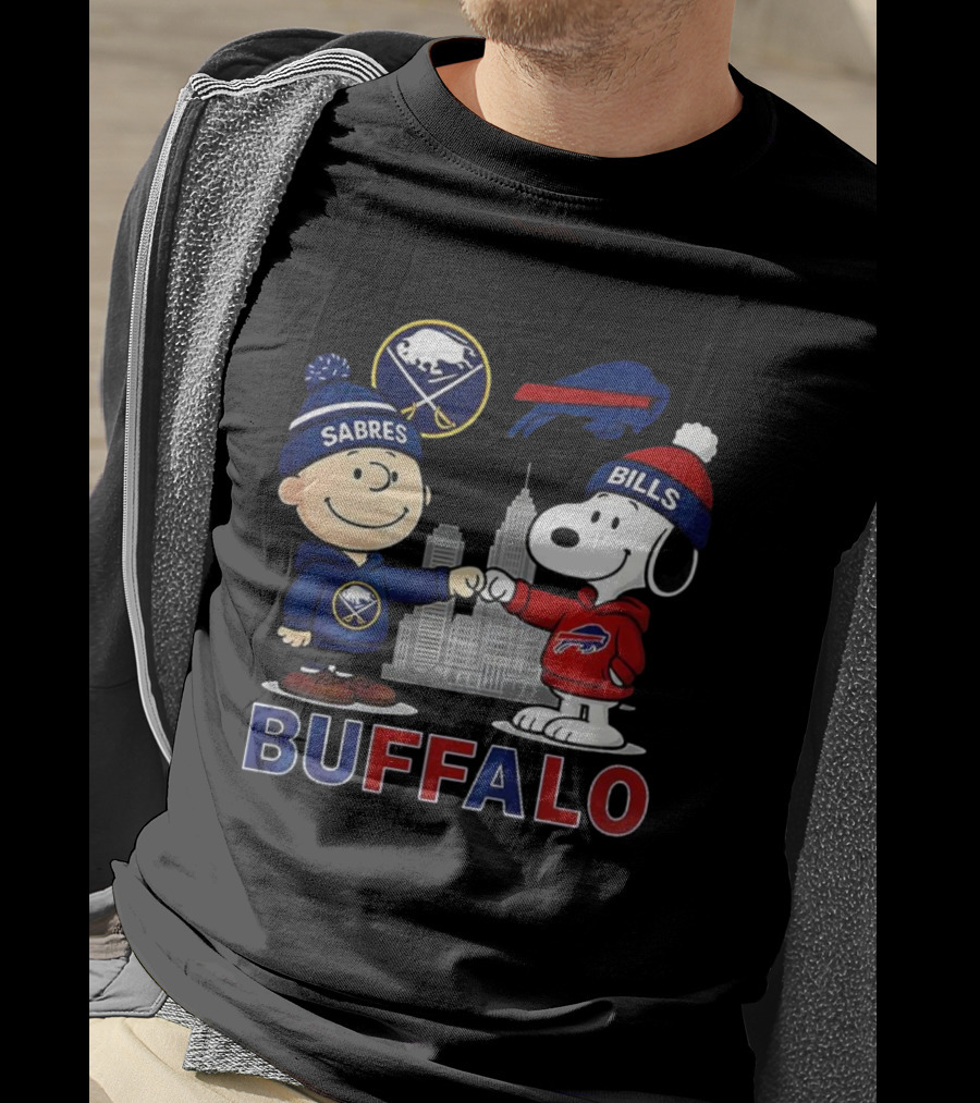 Charlie Brown Snoopy Buffalo Sabres Bills Skyline Fist Bump T-Shirt