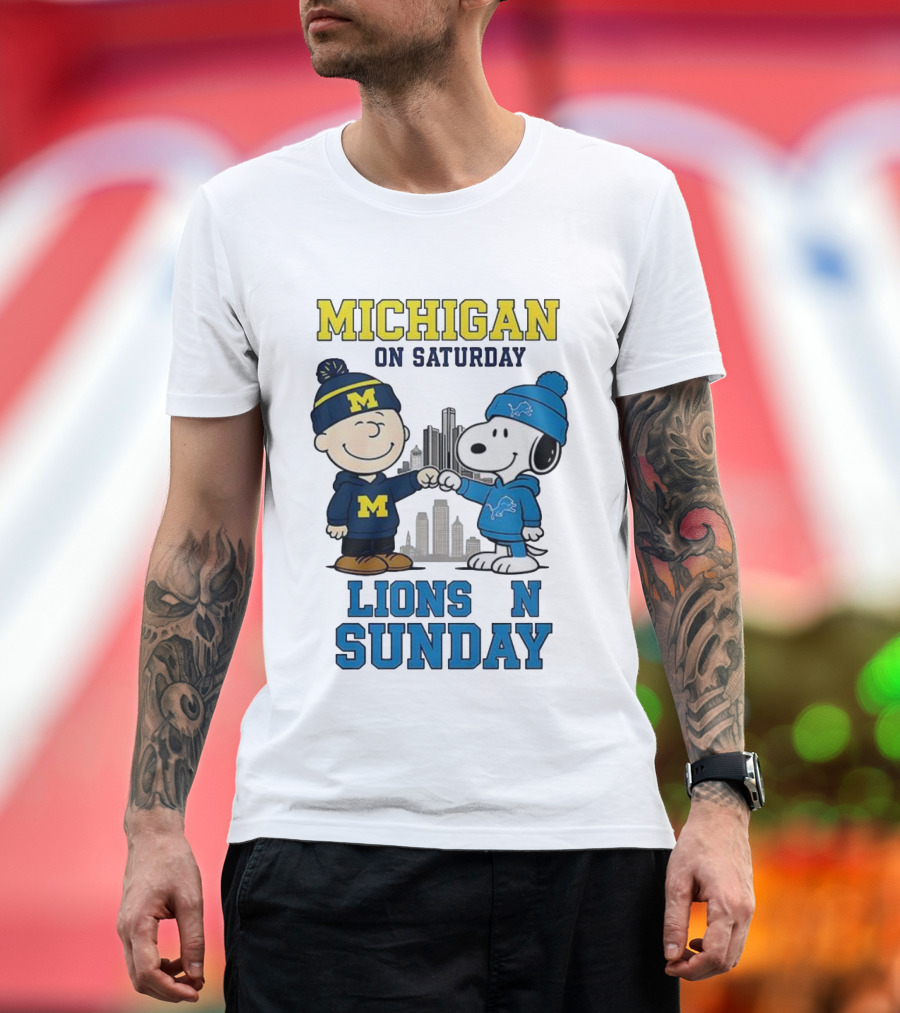 Michigan Wolverines On Saturday Charlie Brown And Snoopy Lions On Sunday T-Shirt