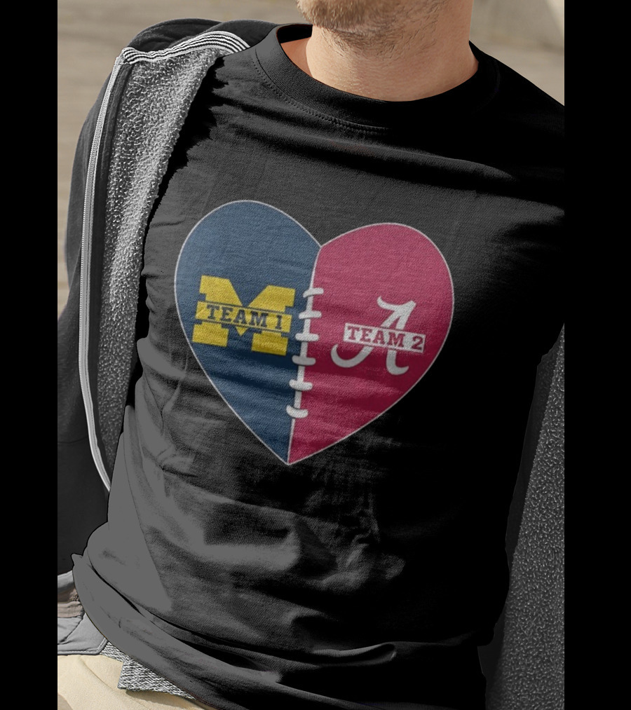Heart Divided Michigan Wolverines Team 1 Vs Alabama Crimson Tide Team 2 T-Shirt