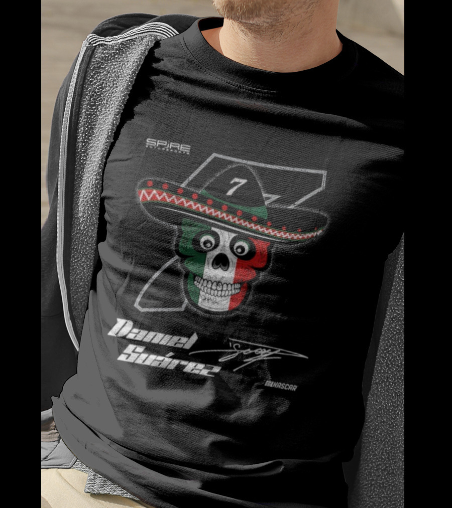 Daniel Suarez 7 Signature Skull Sombrero Spire Motorsports NASCAR T-Shirt