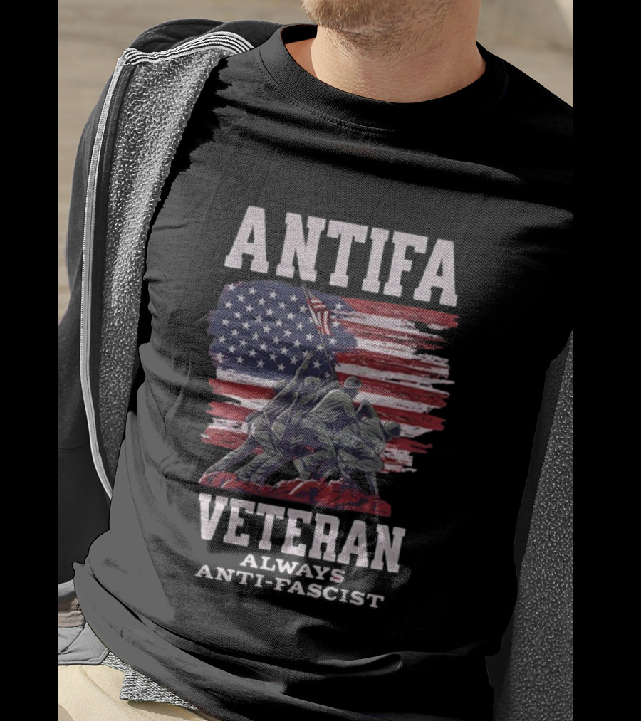 Antifa Veteran Always Anti-Fascist American Flag Iwo Jima Scene T-Shirt