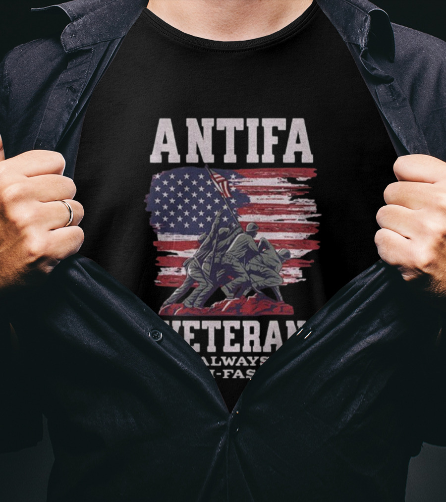 Antifa Veteran Always Anti-Fascist American Flag Iwo Jima Scene T-Shirt