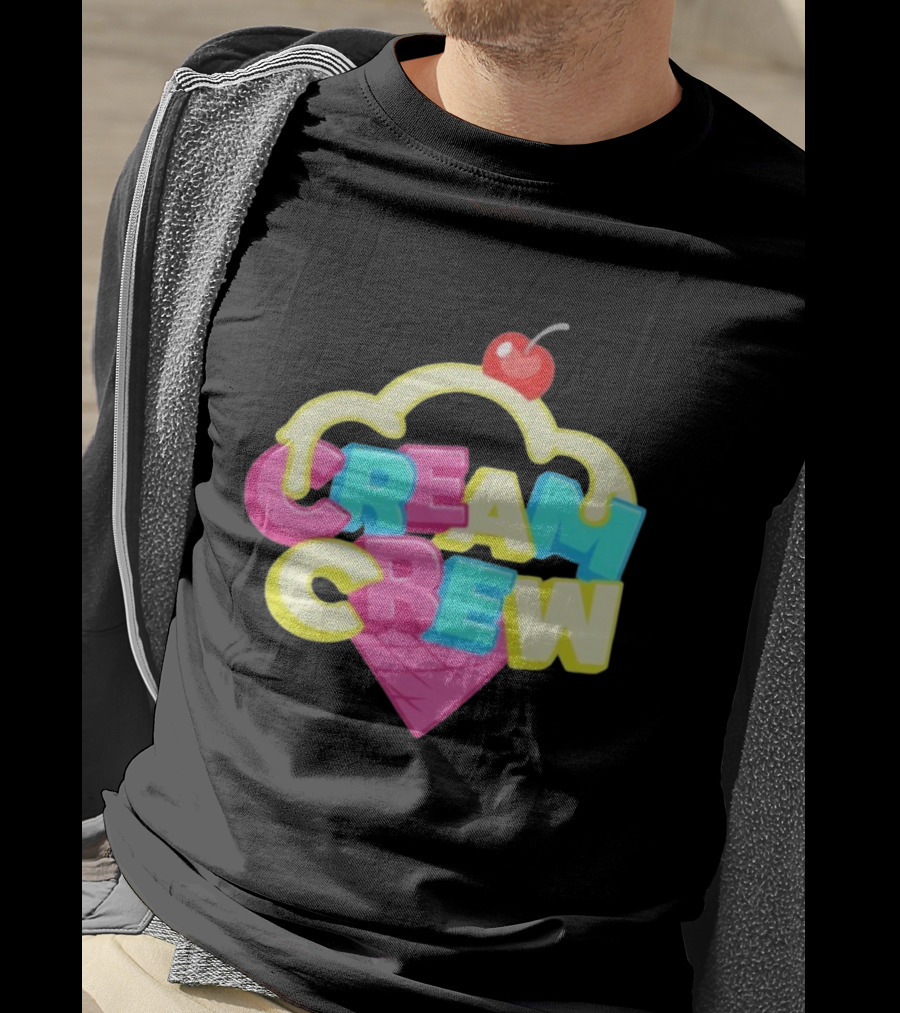 CREAM CREW Ice Cream Cone Cherry Top Colorful Text T-Shirt