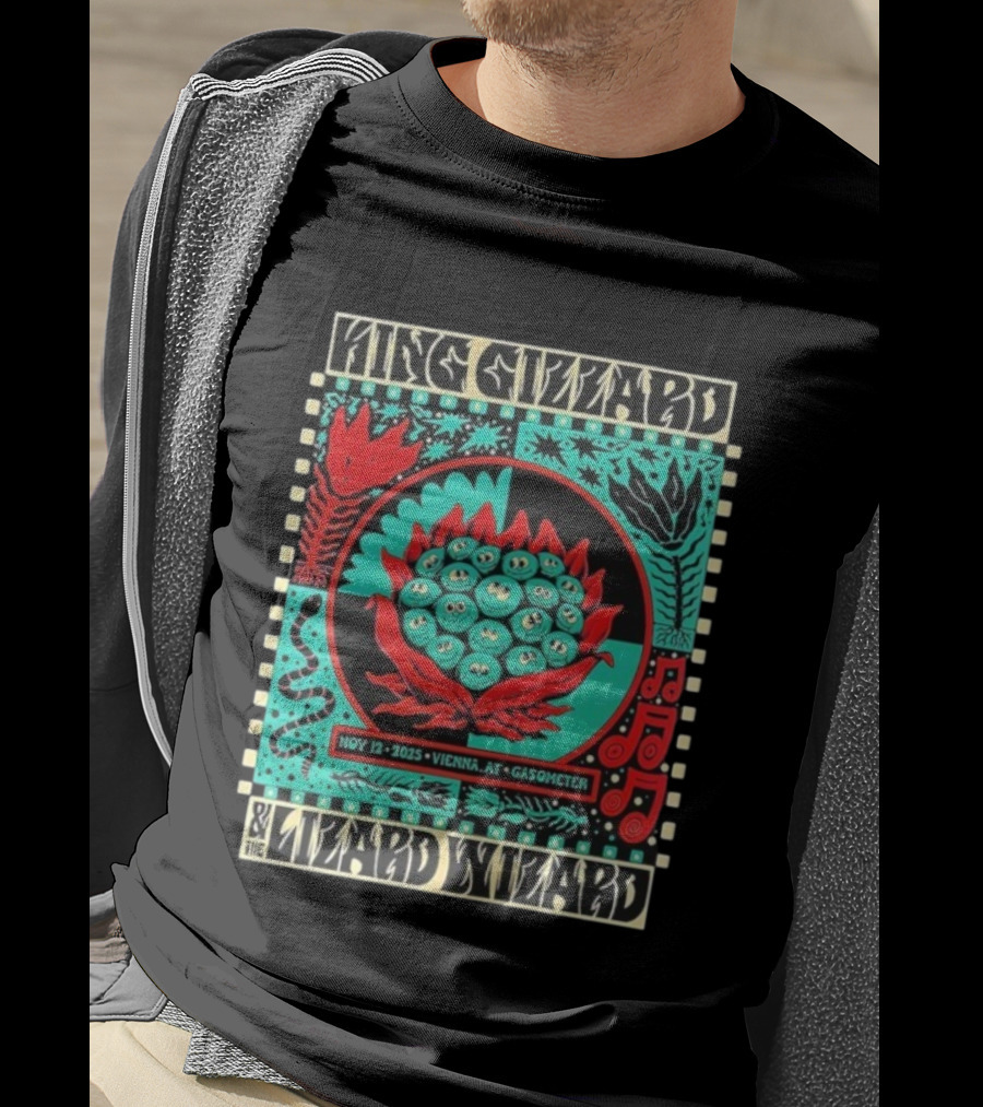 King Gizzard And The Lizard Wizard Vienna Austria November 12 2025 Event At Gasometer Music Notes And Floral Illustration T-Shirt