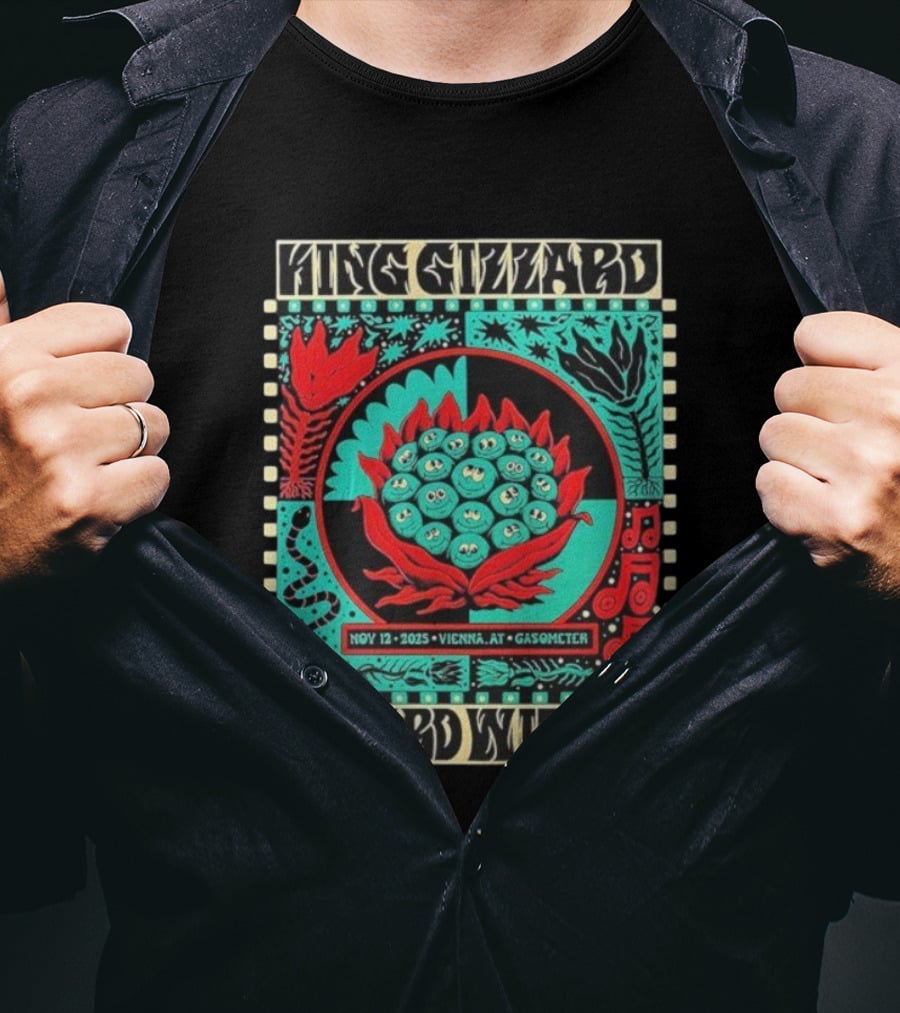 King Gizzard And The Lizard Wizard Vienna Austria November 12 2025 Event At Gasometer Music Notes And Floral Illustration T-Shirt