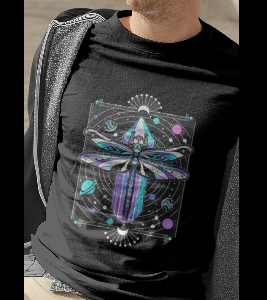 Inzo Soft Landing Psychedelic Dragonfly Crystal Space Planets T-Shirt