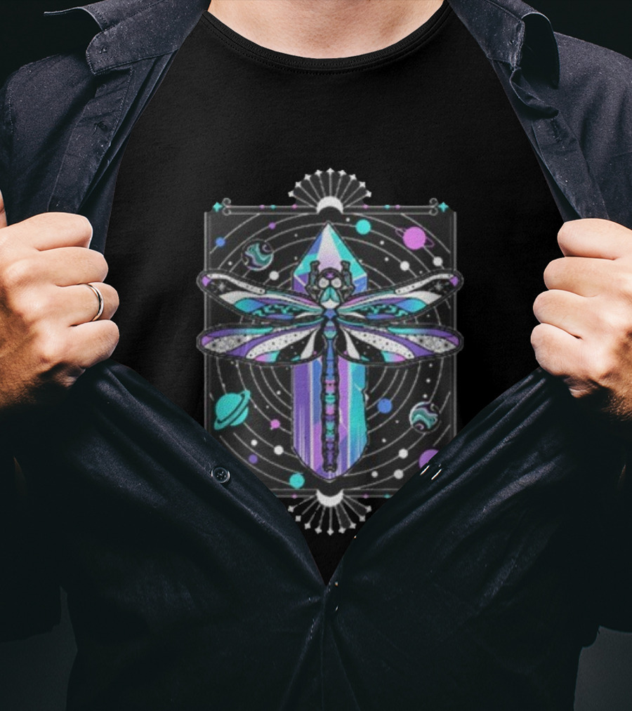 Inzo Soft Landing Psychedelic Dragonfly Crystal Space Planets T-Shirt