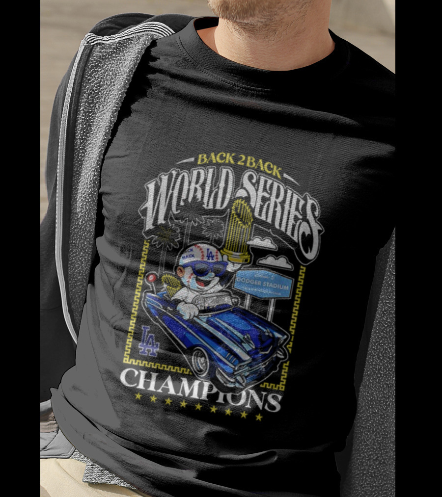 Back 2 Back World Series Champions Los Angeles Dodgers Dodger Stadium Vintage Car Celebration T-Shirt