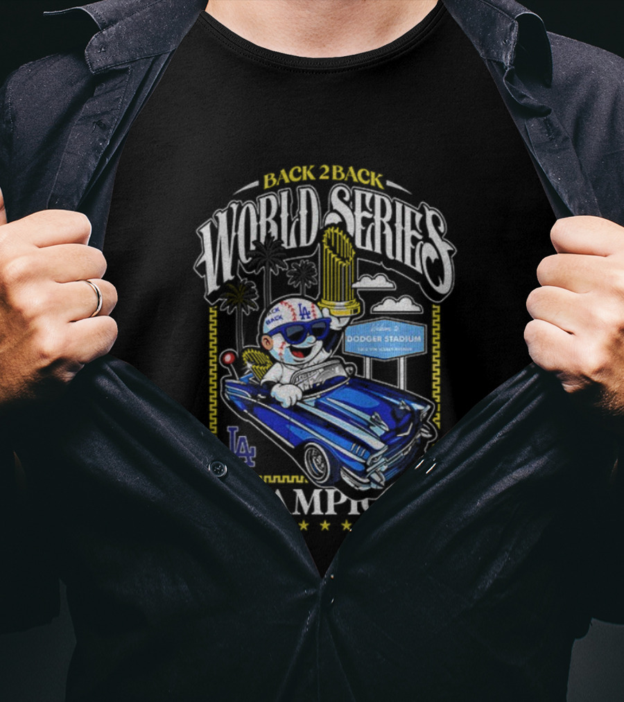 Back 2 Back World Series Champions Los Angeles Dodgers Dodger Stadium Vintage Car Celebration T-Shirt