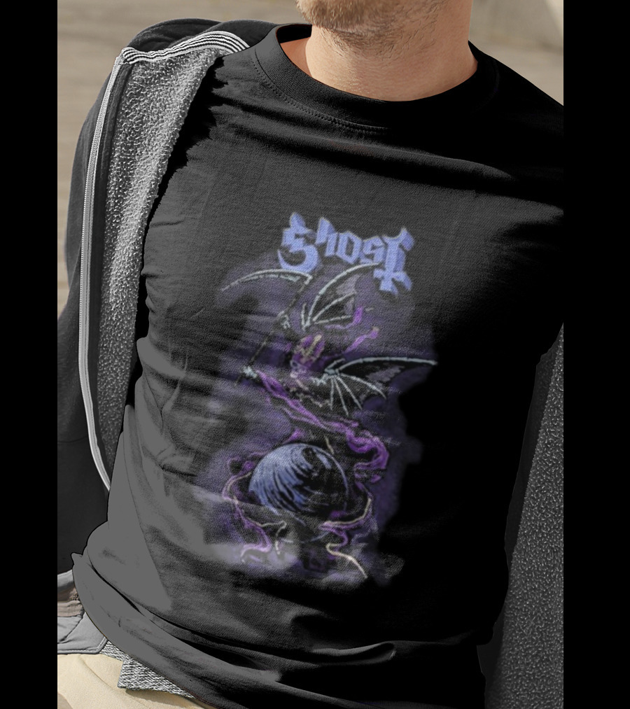 Ghost Papa V Perpetua Grim Reaper Purple Bat Wings Earth Scythe T-Shirt