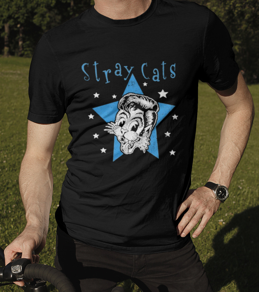 Stray Cats Rockabilly Star Cartoon Face With Blue Star T-Shirt