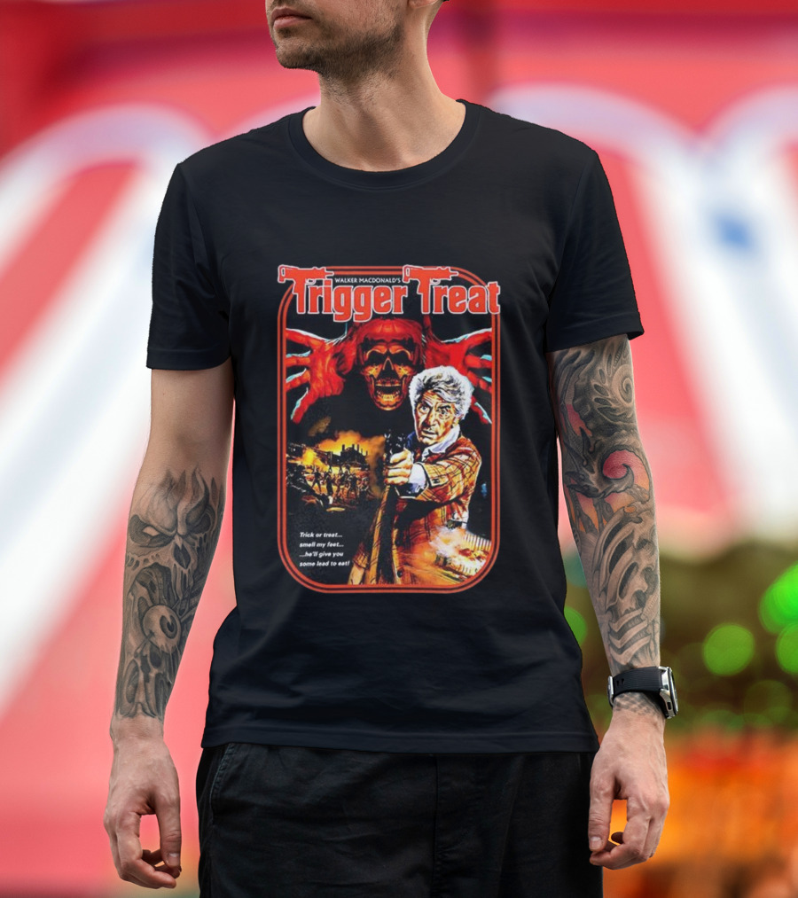 Walker Macdonald’s Trigger Treat Trick Or Treat Horror Skull And Shooter Scene T-Shirt