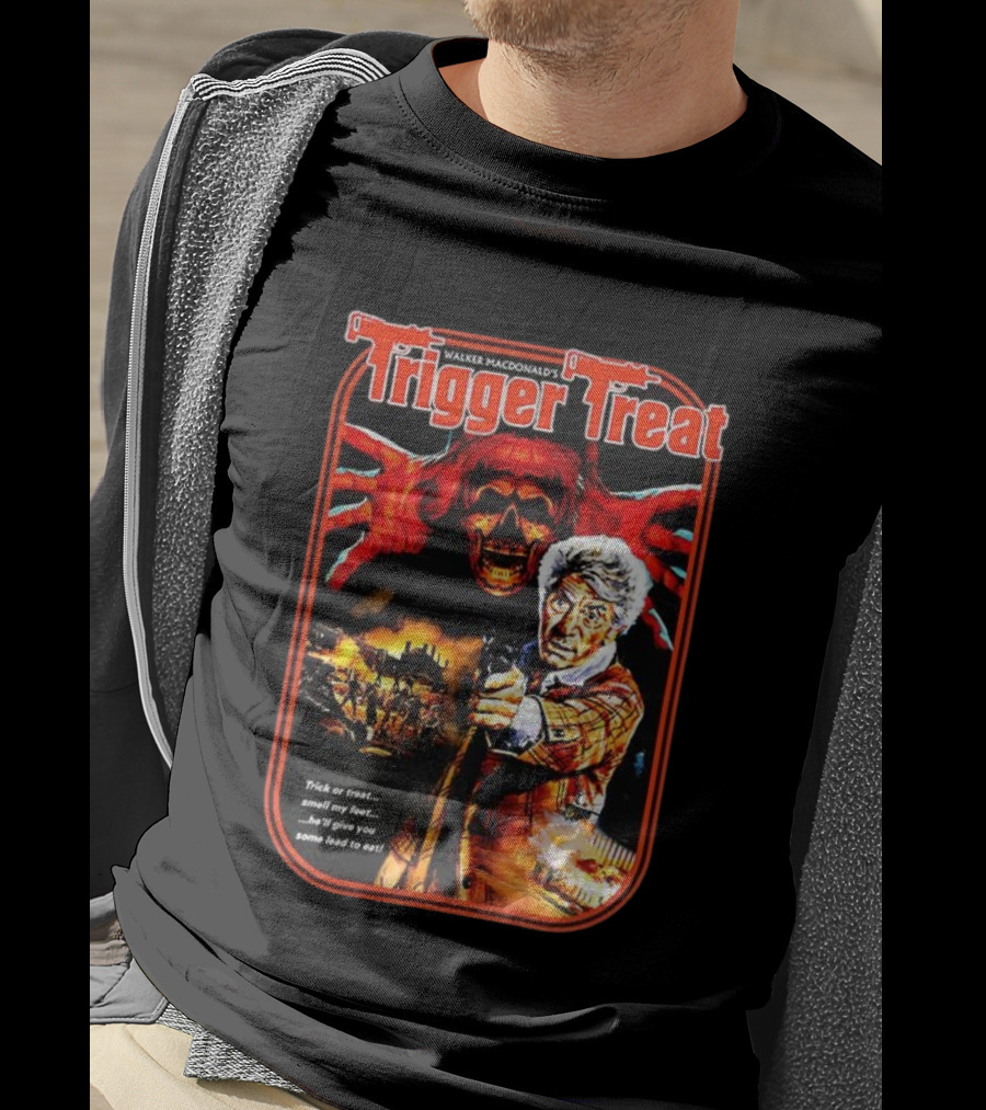 Walker Macdonald’s Trigger Treat Trick Or Treat Horror Skull And Shooter Scene T-Shirt